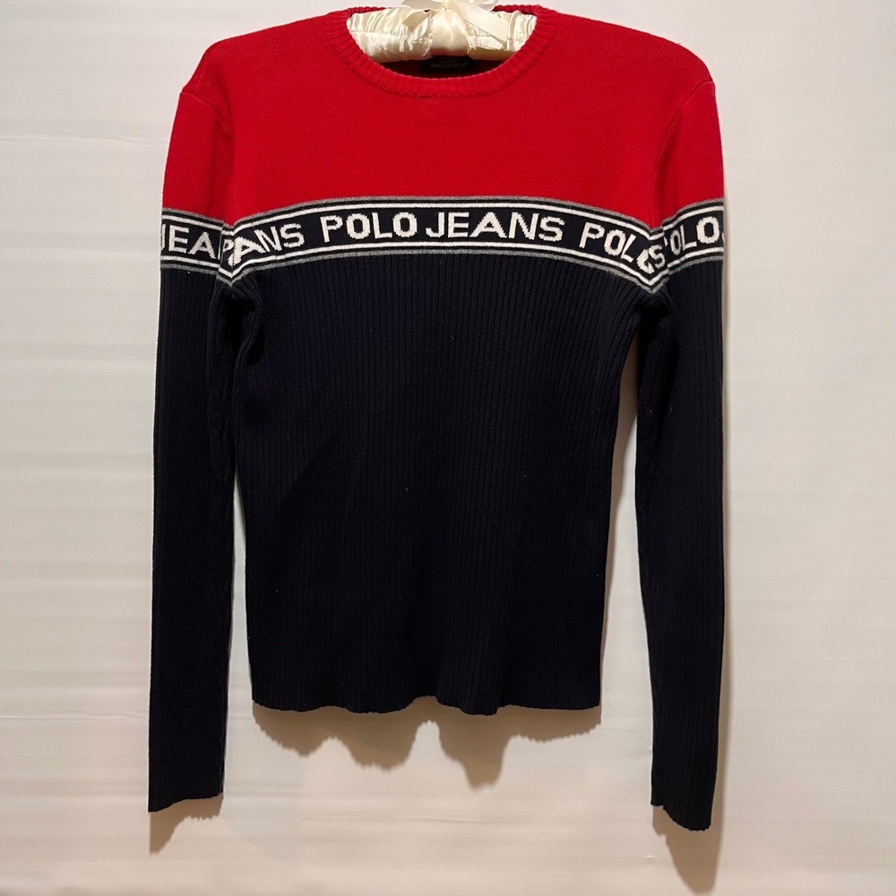 Polo Jeans Co Ralph Lauren Women's Red Navy Blue Striped‎ Logo Sweater Size S